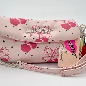 BETSEY JOHNSON Pink Bow Cherries Hearts Crossbody Purse with Cherry Pom Pom Bag